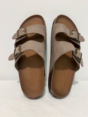 Skechers Taupe Suede-Look Double Strap Slide Sandals